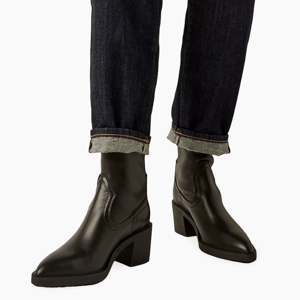 NEW La Canadienne Parks Leather Block Heel Boots Black Pull On Western Style